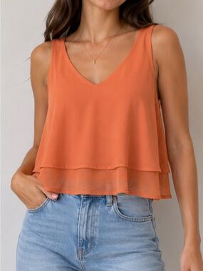 Bar III Orange Layered V-Neck Chiffon Flowy Crop Top